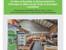 Seminär “Um Wee vu Recycling- zu Ressourcenzentren an de Gemengen: Erfarungen an Iddien aus der Praxis vu Gemenge a Syndikater” den 30. Oktober 2025 vun 14.00 – 17.30 am Kulturzenter zu Walfer.