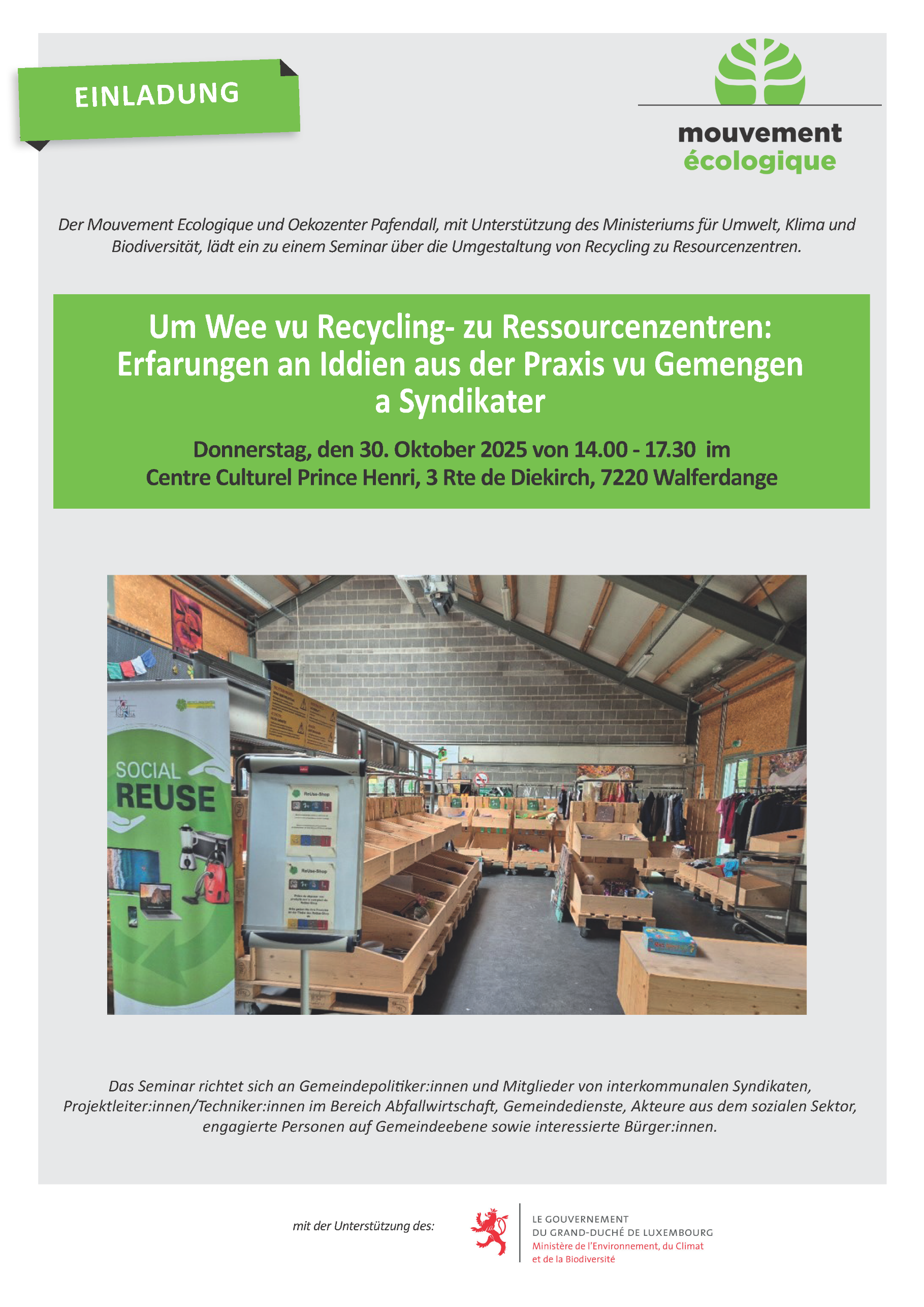 Seminär “Um Wee vu Recycling- zu Ressourcenzentren an de Gemengen: Erfarungen an Iddien aus der Praxis vu Gemenge a Syndikater” den 30. Oktober 2025 vun 14.00 – 17.30 am Kulturzenter zu Walfer.